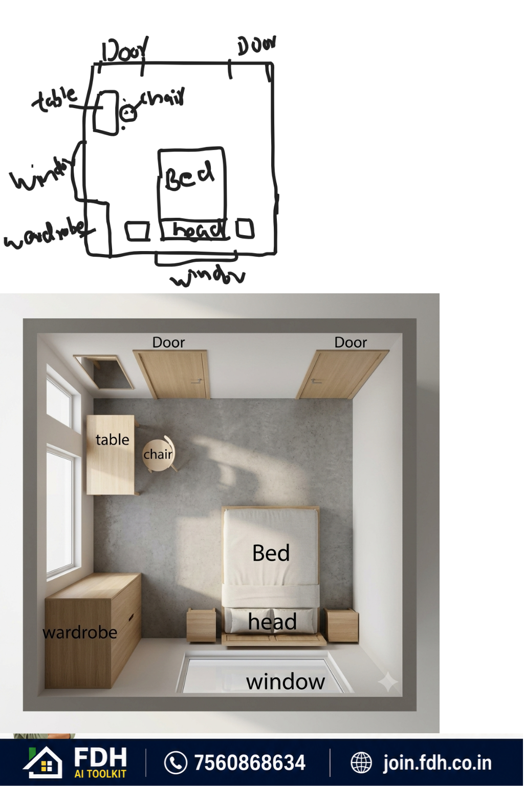 Room Sketch transformed by AI into Furnished 3D