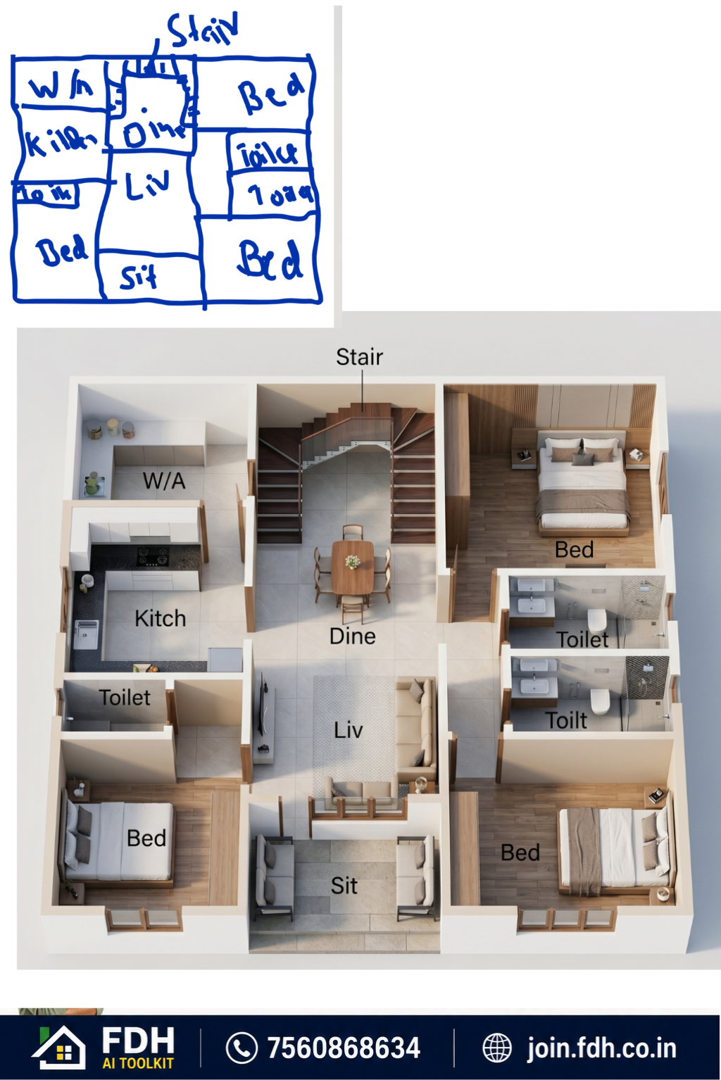 Hand Sketch transformed by AI into 3D Floor Plan