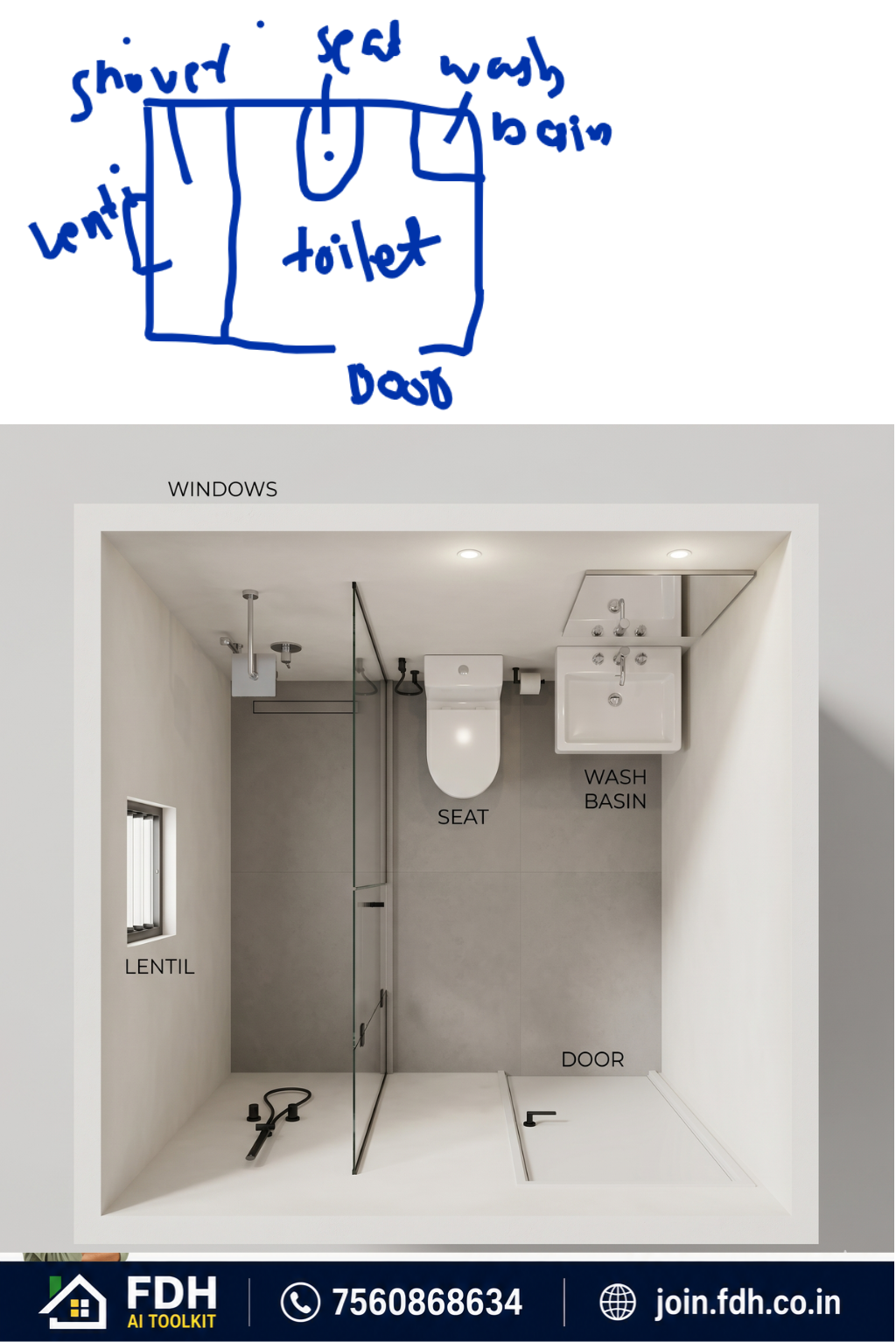Toilet Sketch transformed by AI into 3D Bathroom