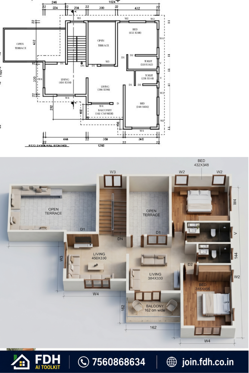 2D CAD Plan transformed by AI into Realistic 3D