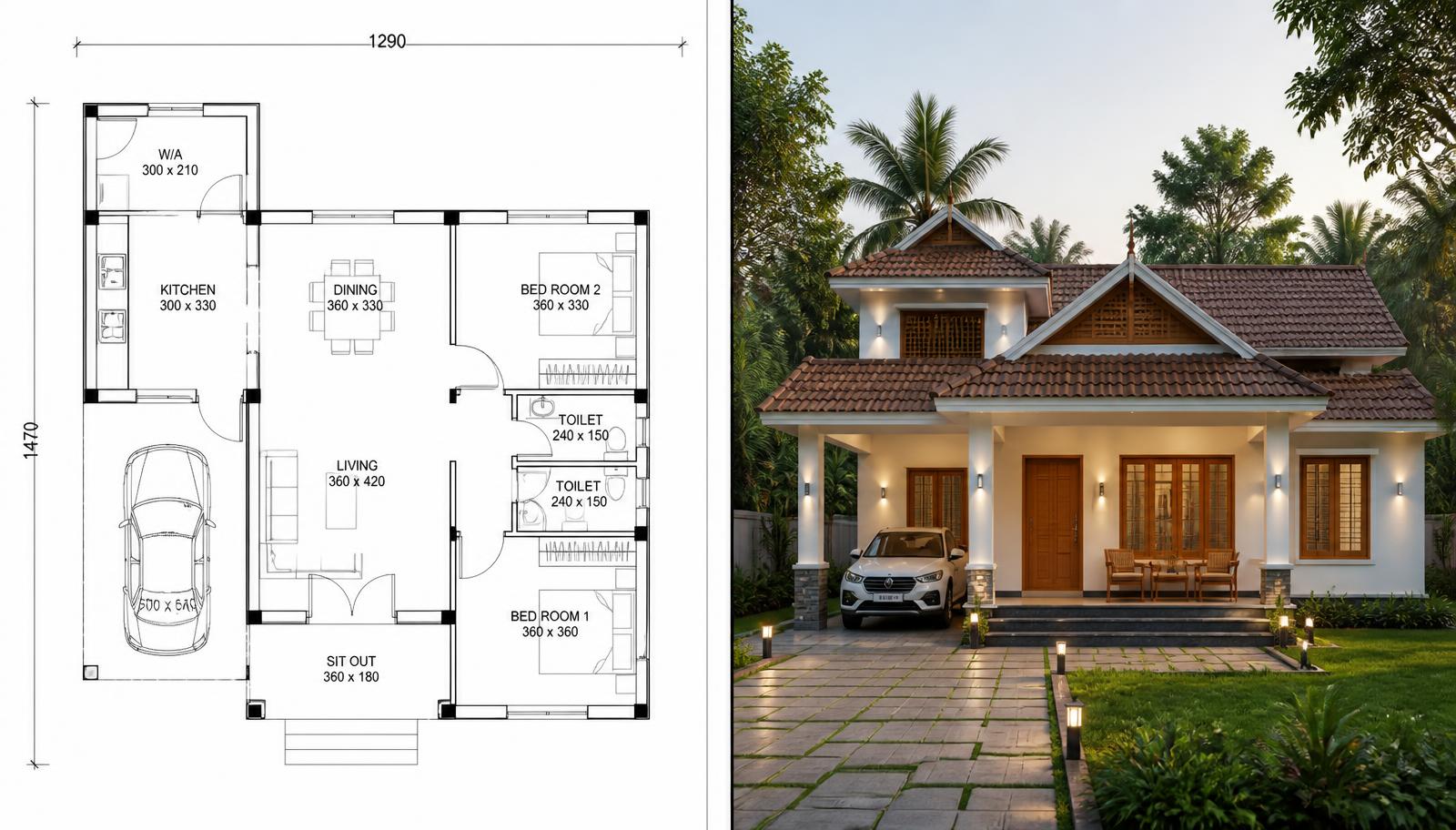 CAD floor plan on the left and an AI generated 3D Kerala home render on the right
